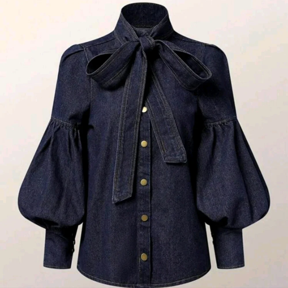 Women's Faux Denim Shirt Top Bow-Embellished High Neck Single-Breasted Lantern S - Picture 4 of 4